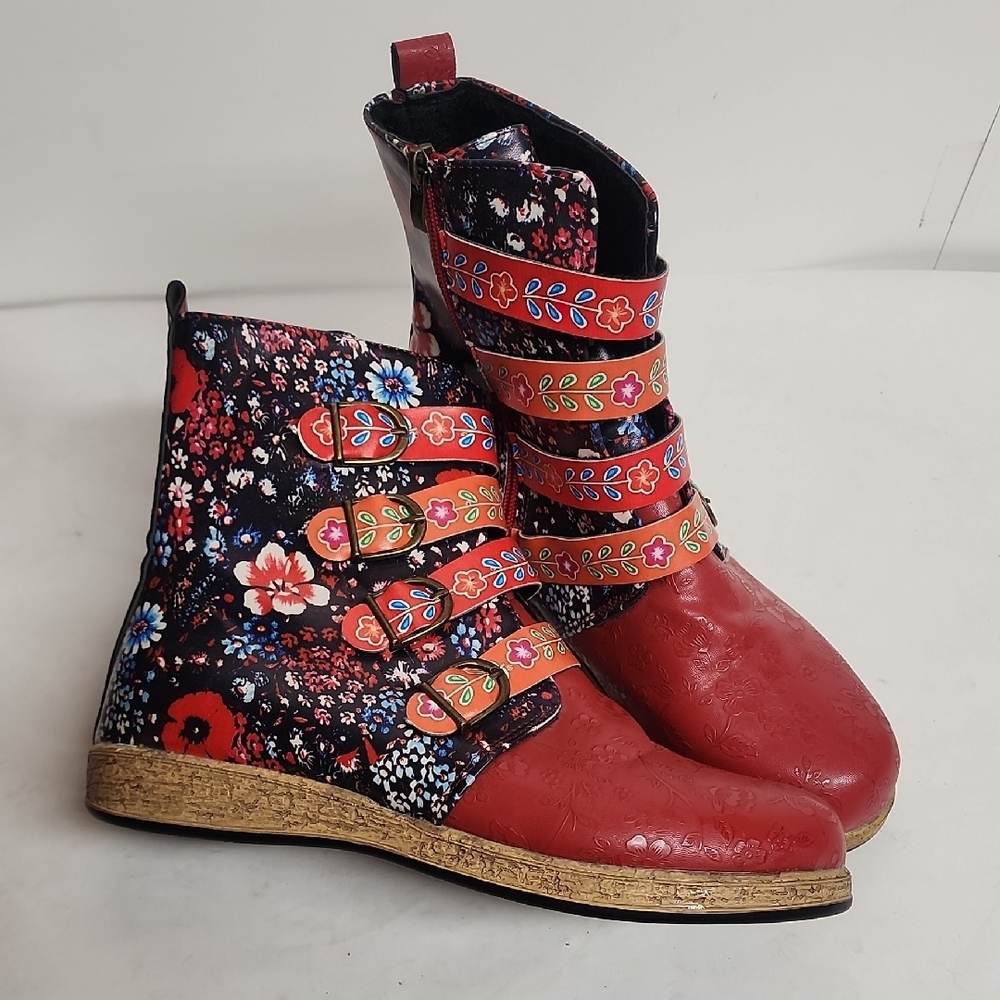 Faux Leather Floral Red  Bohemian Hippie Side Zip 4 Strap Gardencore Boots Size9